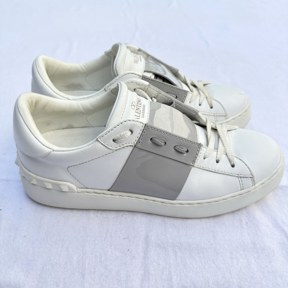 Valentino Garavani Open Rockstud Low Sneakers Shoes Gray Patent Stripe EU 37.5